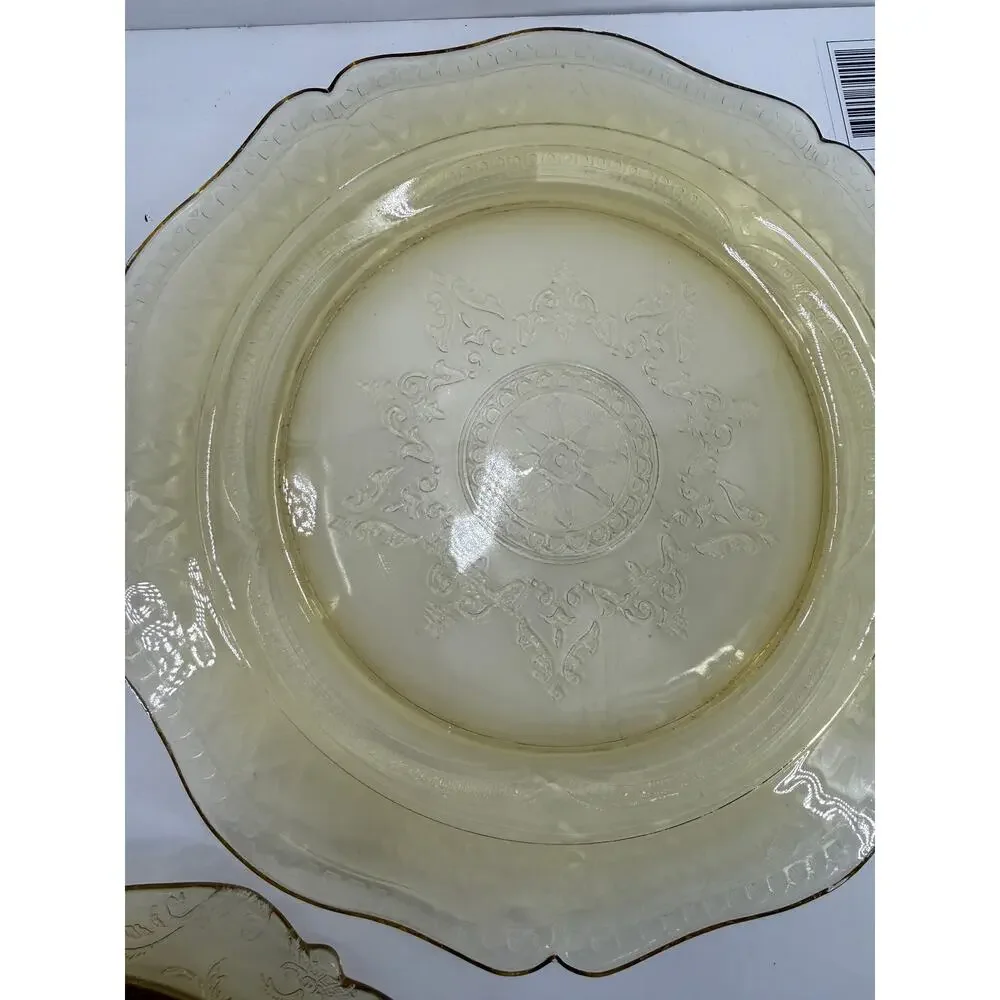 Vintage Depression Style Yellow Glass Plates Set 3 Embossed Scroll Scalloped
